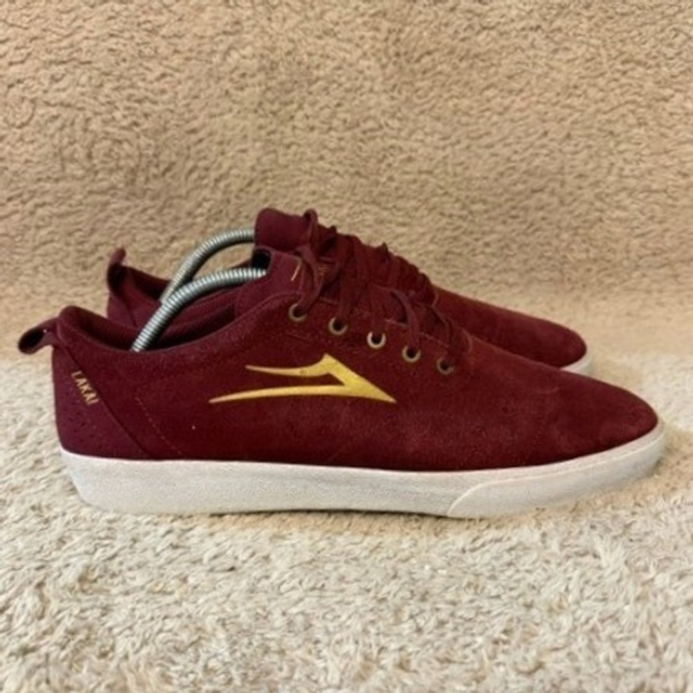 Lakai Owen VLK Shoes Mens Size 9.5 Burgundy Suede Skateboard Low Top Gold Logo